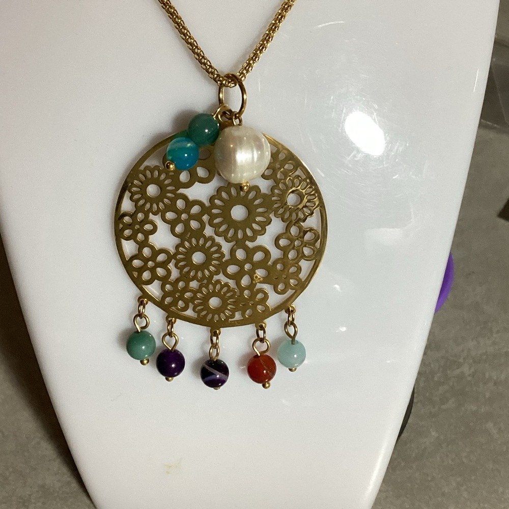 Gold Floral Pendant Necklace with Multicolor Beads